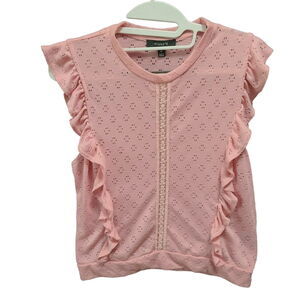 Stunn'd Womens Top Pink Size Medium 100% Polyester Cap Sleeve Ruffles Stretch